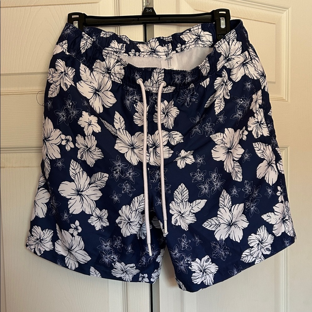 Men’s Amazon Essentials Swim Trunks W/Liner - Navy Hibiscus Flower - 7” Inseam